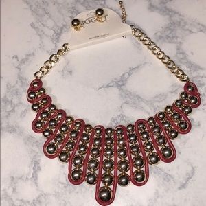 💎 Gold beaded&Red leather necklace w/ Earrings.